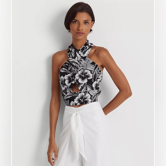 LAUREN RALPH LAUREN Women's Floral Crepe Cropped Halter Blouse - Picture 1 of 10
